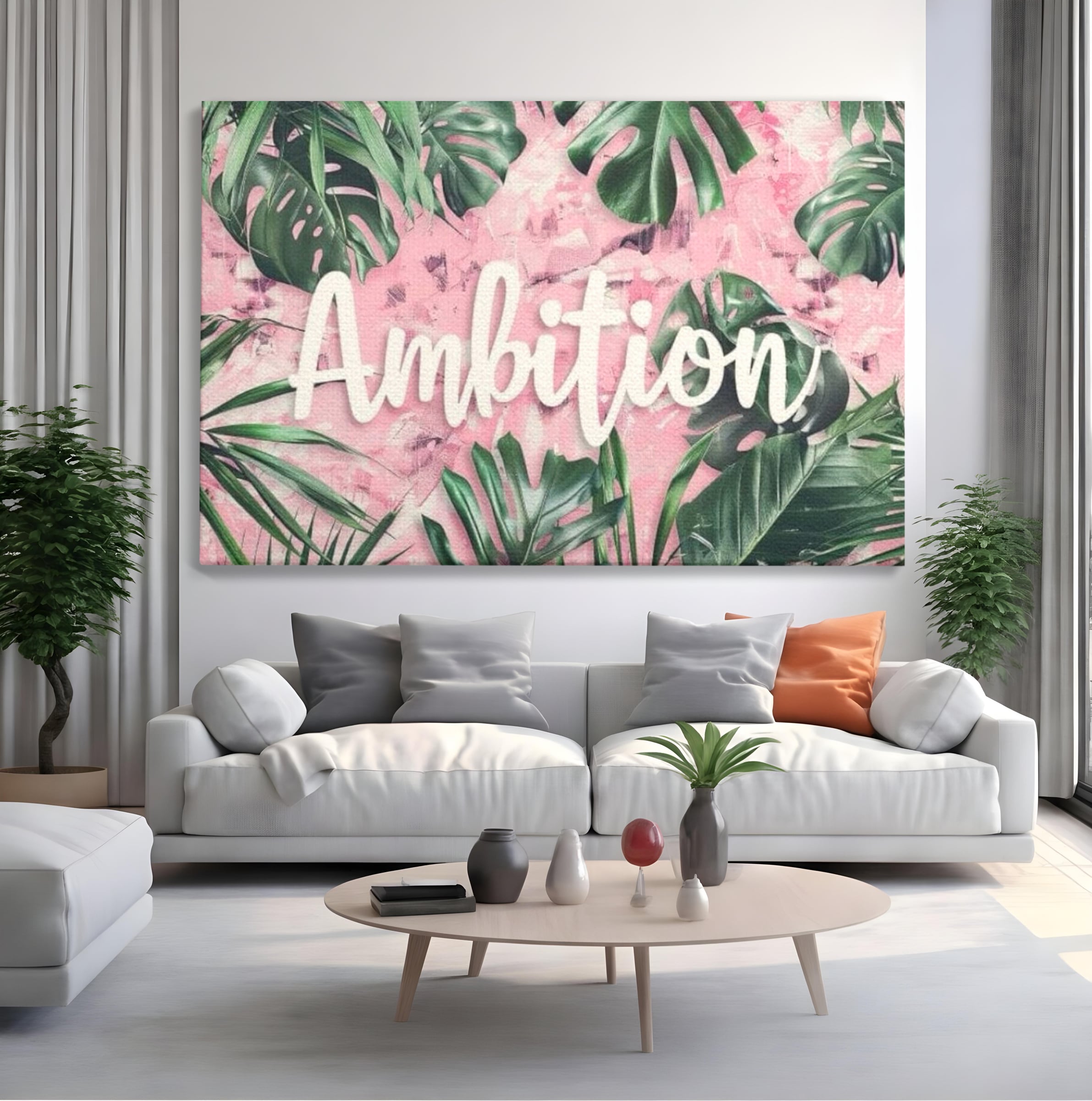 Tablou canvas cu tablou canvas cu frunze tropicale si text, fara rama, pe sasiu de lemn, pe perete intr-un living